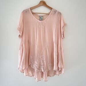 Johnny Was Light Pink Embroidered Lace Women's Top Sz L Boho Ethereal READ